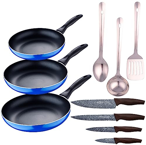 San Ignacio Set 3pc sarten (16+20+24cm) aluminio prensado, inducción, azul Navy Paradise con Set 3 pc utensilios cocina acero inoxidable con Set 4pc cuchillos ac