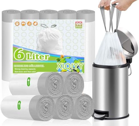 XIQIYY Piccoli sacchetti della spazzatura da 6 l, con cordino, 90 pezzi, con maniglia per il trasporto, sacchetti per rifiuti bianchi, adatti per pattumiera da 5 l, 10 litri