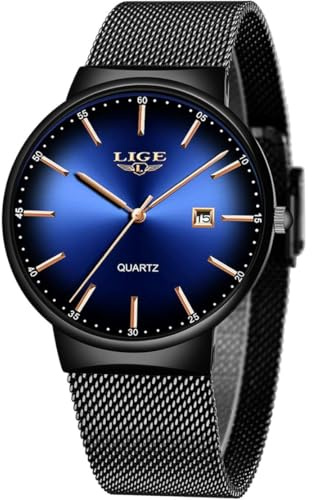 LIGE Uhren Herren Ultra Quarz Kalender Edelstahl-Meshband Blau/Schwarz