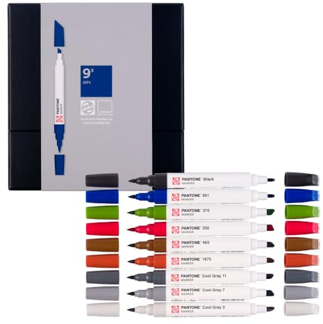 Talens | Pantone Set di 9 Marcatori City | Penna a Doppia Punta con Pennello e Punta a Scalpello | Inchiostro Pigmentato a Base d'Acqua nei Colori Pantone