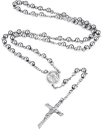 Supcare Rosary Beads Catholic Women's Necklace, Y-Shaped Stainless Steel Prayer Rosary Necklace with Guardian Pendants (St. Michael/St. Christopher/Virgin Mary), Unisex, Boxed in Silver/Gold/Black