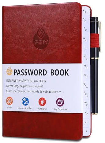 JIANTA Passwortbuch, Passwortbuch mit Register A-Z, und Gelstifte, Organizer für Websites, Benutzernamen und Passwörtern, Platz für 480 Passwörter, mit Stiftschlaufe, Gummiband, Innentasche(Rotwein)