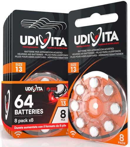 64 Batterie per Apparecchi Acustici Udivita Misura 13 (Arancioni) PR48 Zinco Aria con Phono Pulse Technology - 8 Blister da 8 Pile
