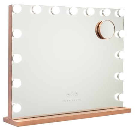Flamingueo Sminkspegel med Belysning - 15 LED - 3 Lägen - Justerbar Intensitet - Touch Control - USB-Port - Förstoringsspegel Ingår - Hollywood Spegel - Rose Gold - 58x12x48cm