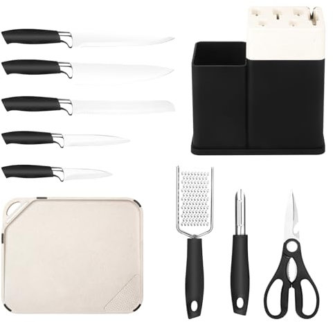 Kitchen Knife Set with Block, Knife Sharpener Integrated, Chopping Board, Stainless Steel Blade, 10 Piece Gift Set