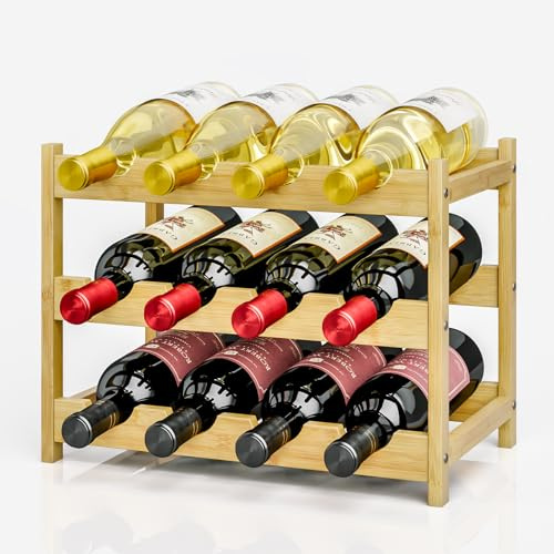 Dripex Bamboo Wine Rack, 12 Bottles Small Freestanding Wine Oganizer