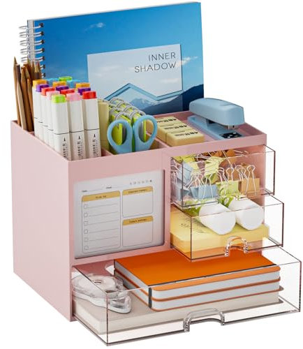 Marbrasse Schreibtisch Organizer mit 3 Schubladen,Stifthalter mit Großen Kapazität für den Schreibtisch,Büro Organizer mit 4 Fächern und Zubehör,für Büro Haus und Schule(Rosa)