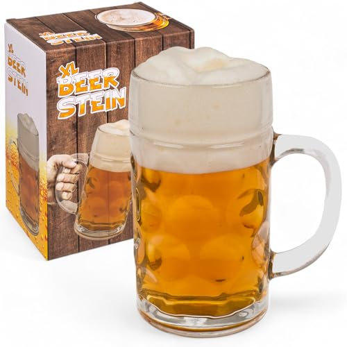 MIJOMA Chope à bière en verre XL de 1 litre – Chope stable, passe au lave-vaisselle, chope à bière élégante, un véritable classique pour les amateurs de bière et les fans de la fête de la bière