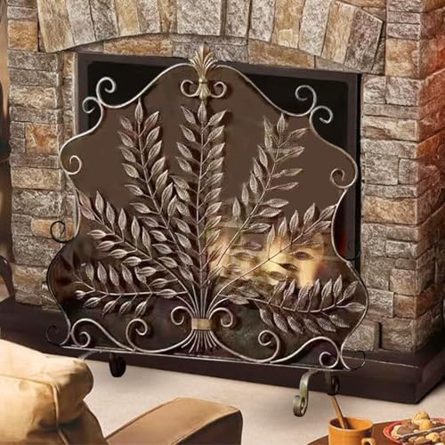SHENJIA Fire Screen Iron Fireplace Screen for Wood Burning Stove, Antique Gold Fireguard with Leaf Pattern, Vintage Indoor Outdoor Spark Guard Cover