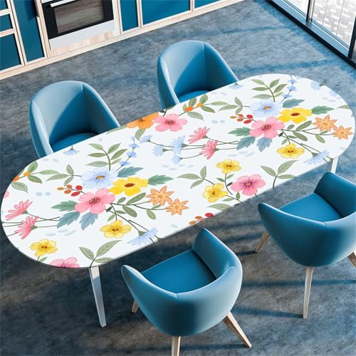 Highdi 3D Mantel Oval con Bordes Elástica, Mantel Mesa Oval Ajustable y Antimanchas Protector de Mesas Oval para Jardín Exterior Comedor Cocina (Flor Rosa,107x165cm)
