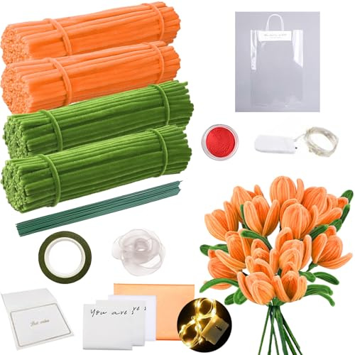 YOUYIKE Tulpan piprensare blomset, tulpanbukett, 200 stycken piprensare för pyssel, piprensare för pyssel, med gröna blomstavar, bukettförpackningar, ljuslist etc