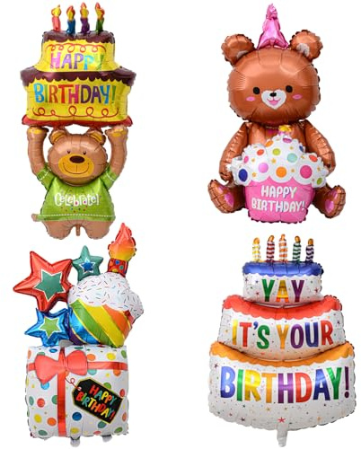 Ballon Gonflable XXL Happy Birthday, 4 Pièces Joyeux Anniversaire Ballons, Gâteau d'anniversaire ballon aluminium, gâteaux gonflables et cadeaux, pour Décoration de Fête D'Anniversaire