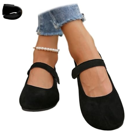 Orthopedic Suede Ballet Mary Jane Flats for Women Comfortable Slip on Round Toe Wide Width Closed Toe Flat Shoes with Strap (Black,40EU)