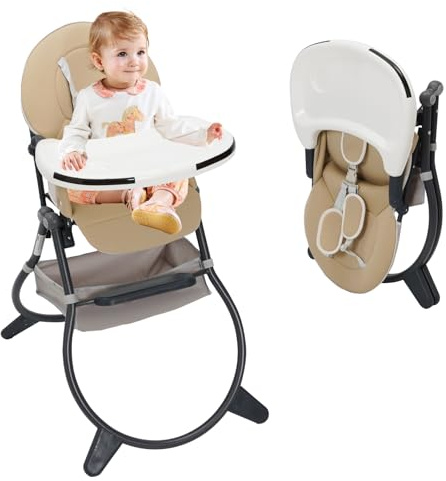 Highchair, Foldable Baby High Chair, Baby Feeding Chair with Adjustable Dinner Table & Storage Bag, Function Combination for Babies Toddlers