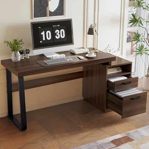 Rosebibi Escritorio moderno de 161 x 54 cm, estilo minimalista, con tubo de acero de alta calidad, superresistente, diseño de almacenamiento multifuncional, cajón silencioso, carpeta (marrón)
