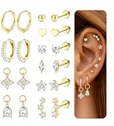 THUNARAZ 10Pairs Gold Earrings for Women 14K Gold Plated Hoop Stud Earrings Set for Sensitive Ears Helix Tragus Cartilage Conch Flat Back Earring Hypoallergenic for Multiple Piercings with Pendant