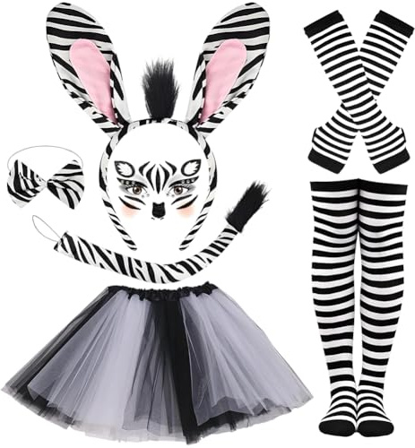 Furry Animal Costume Set, 7Pcs Zebra Carnival Costumes Suit Zebra Ears Headband Tail Bow Tie Tutu Skirt Face Sticker, Socks & Gloves Girls Women Fancy Dress for Carnival Cosplay Halloween Party