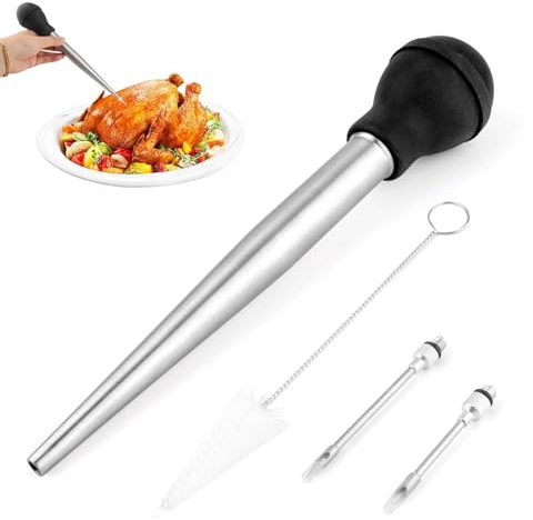Set da 4 pezzi per arrosto per tacchino, siringa in acciaio inox, 2 aghi staccabili, spazzola per la pulizia, lampadina in gomma di grado commerciale, siringa per iniezione di carne, iniettore per