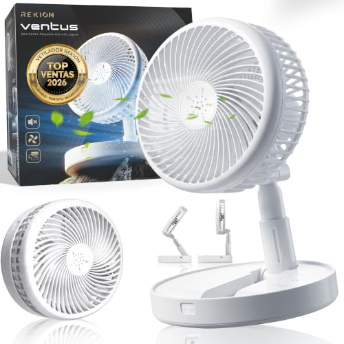 REKION® Super Ventilador de Pie Ultra Silencioso 30dB Plegable Premium | Ventilador Portátil Recargable 4000mAh USB-C | 4 Velocidades, Ajuste 180°| Escritorio, Camping y Viaje | 35 CM DE Altura MAX
