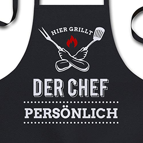 YORA Grillschürze für Männer Vatertagsgeschenk - Kochschürze lustig [inkl. Urkunde] - lustige Geschenke zum Vatertag - Geschenkideen Opa & Papa - Leute (Motiv: Der Chef grillt)