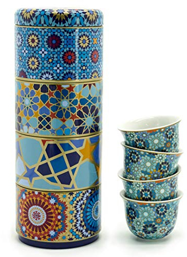 Images d'Orient Set de Cadeaux 2 en 1 Boîte en métal avec des Tasses à café Tasses à Espresso Tasses à Moka en Porcelaine 4x60 ML dans Un Design méditerranéen, Oriental Café Cuisine Vaiselle