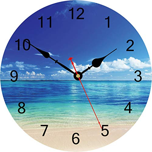 TAHEAT Blue Peaceful Sea Wall Clock, Silent Non Ticking Beautiful Sky Beach Round Clocks, Easy to Read Decorative Wall Clock for Kitchen Bathroom Living Room Home Art Decor, 14 Inch