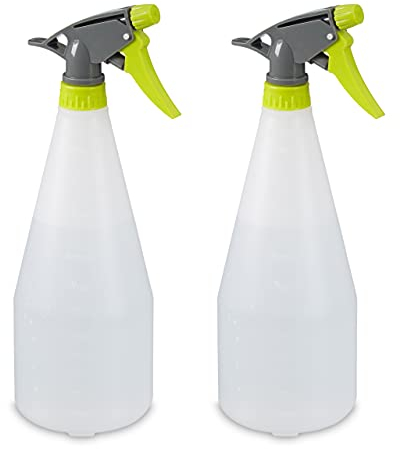 Relaxdays Sprühflasche, 2er Set, 1 Liter, Düse mit Nebel und Strahl, Skala, nachfüllbar, Kunststoff, Zerstäuber, weiß