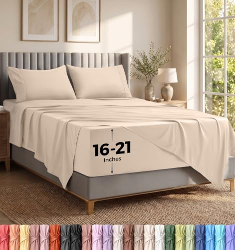 Utopia Bedding Queen Sheet Set – Soft Microfiber 4 Piece Luxury Bed Sheets with Deep Pockets - Embroidered Pillow Cases - Side Storage Pocket Fitted Sheet - Flat Sheet (Beige)