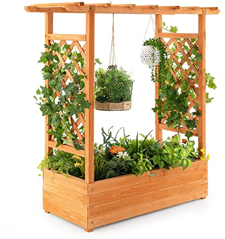 COSTWAY Jardinera Elevado con Enrejado Arqueado, Techo Colgante, Macetero, Orificios de Drenaje, Contenedor Vertical de Plantas para Plantas, Macetero de Madera Interior Exterior para Jardín Patio