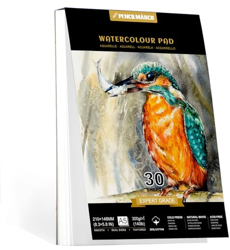 PENCILMARCH Papel Acuarela A5 300gr, 30% Algodon, 30 Hojas Cuaderno Acuarelas Bloc, Papel Acuarela A5 para Niños Adultos profesional Pintar, Dibujar y Bocetos