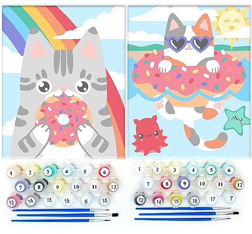 Astrakuma Studio Paint by Numbers for Kids Ages 8-12 - Cat Donut Painting by Number Kits with Pre Drawn Canvas Boards, Small Animals Paint and Sip Kit for Beginner Artist, Easy Acrylic Paint-By-Number