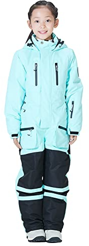 L SERVER Skioverall Kinder Jungen mit Kapuze Winddichte Wasserdichte Skianzug Mädchen Warmer Einteiliger Schneeanzug Atmungsaktiver Schneeoverall, Blau, 146