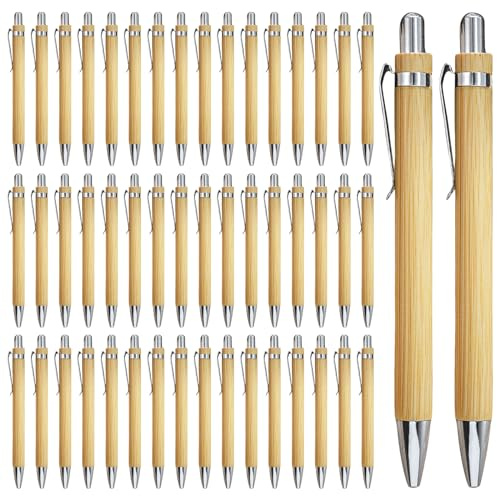 SPORWAY Lot de 50 stylos à bille en bois de bambou pour écriture, journal, école, fournitures de bureau, cadeau de remise de diplôme (bleu)