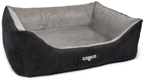 CopcoPet Hundebett Kyra Cord Schwarz/Grau M 80 x 60 cm – Flauschiges Hundekörbchen mit hohem Rand & Einstieg – Waschbarer Bezug – Rutschfestes, bequemes Hundekissen für kleine Hunde