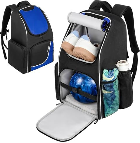 Jaffzora Bowling Backpack, Bowling Ball Bag for Single Ball and Bowling Accessories, Fits A Pair of Bowling Shoes Up to Size 16 for Men, Black&Blue