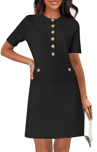 MEROKEETY Women's Knit Bodycon Sweater Dress Button Short Sleeve Crew Neck Elegant Formal Mini Dress, Black, Large