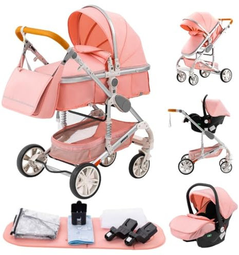 GLOKID Poussette 3 en 1, Poussettes Combinée Portable Pliant en Un Clic,Poussette Canne Poignée Réglable en Hauteur, Poussettes Combinée Paysage Haut Cadre en Aluminium (739 ROSE)