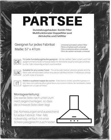 PARTSEE 1x Dunstabzugshaube Filter mit Aktivkohle & Fettfilter, Universal Kohlefilter für Dunstabzugshauben Zuschneidbar 57x47x1.7 cm, Ersatz Abzugshaube Filtermatte Schwarz + Weiß