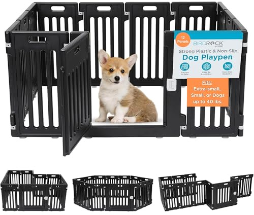 BIRDROCK HOME Dog Playpen w/Door, 12 Panel, 25.6in H | Strong Plastic, Non-Slip Puppy Playpen, Secure Pet Gate | Indoor Outdoor Fence | Configurable Panels | Small to Medium Pets - Black