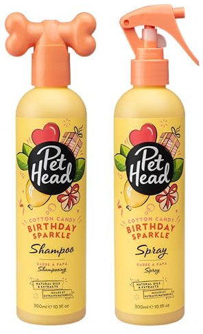 Bündel aus PET Head Birthday Sparkle Hundeshampoo und Hunde-Deo-Spray - Zuckerwatteduft, Pflegt und beruhigt empfindliche Haut, Hypoallergen, Vegan, Sanfte Formel für alle Hunde und Welpen