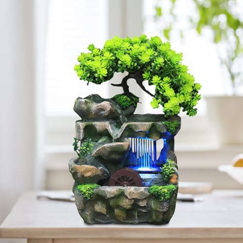Grüne Pflanze Brunnen, Tisch Zimmerbrunnen Wasserfall mit Farbwechsel LED Beleuchtung, Tischbrunnen mit Feng Shui Rad, Springbrunnen für Platzierung Wohnzimmer, Büro Reinigt die Luft (15 x 18 x 30cm)