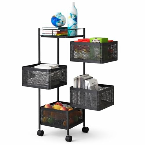 DUAS Rotating Storage Trolley – 4, 5, 6 Tier Kitchen & Bathroom Organiser with 360° Swivel Baskets – Space-Saving Metal Shelf Rack – Free-Standing with Lockable Wheels (5 Tier Square)
