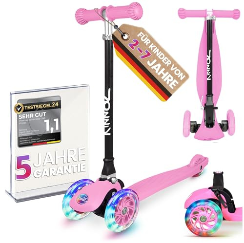 Kinderroller kinnaz ONE, LED Räder, Faltbar, Mitwachsend, 2 - 7 Jahre, Focus Empfehlung, Roller Kinder 2 Jahre, ab 3 Jahre, Tretroller, kein Wegwerfprodukt, über 100000 verkauft, aus Hamburg