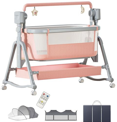 Elektrisches Babybett, Co-Sleeping-Stubenwagen, Kleinkinderbett, Faltbare, umwandelbare Wiege mit Bluetooth, mit Matratze, Fernbedienung, Aufbewahrungskorb und Moskitonetz,Pink