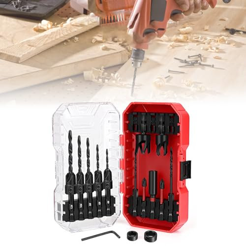 15 Piece Countersink Drill Bit Set for Woodworking, Tapered Drill Bits with 2 Wood Plug Cutters and Depth Stop Rings, Quick-Change Wood Drill Bit Kit with Storage Box