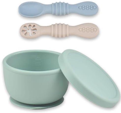 Ginbear Cuenco de silicona con ventosa de 260 ml y 2 cucharas para bebé, a partir de 4 meses, juego de alimentación automática para bebés de primera etapa, no tóxico, apto para alimentos, sin BPA