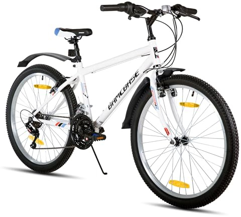 Hiland Mountainbike 26 tum för ungdomar och vuxna, 18-växlad cykel med dubbel V-broms, hög kolstålram MTB-cykel för ungdomar kvinnor män, vit