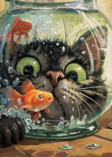 XURLEQ Curious Cat Fish Jigsaw Puzzles 1000 Pieces for Adults -Challenging Funny Kitten Terrified Fish Art, Premium Matte Finish, 27.56 x 19.68 Inches, Perfect for Game Nights