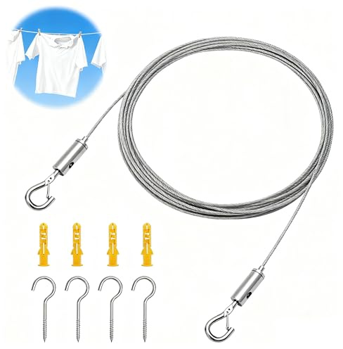 WOKICOR Kit câble acier inox 2mm 6M avec tendeur réglable et crochets, corde à linge extérieur, câble pour rideaux, câble plante grimpante extérieur, kit fixation voile d’ombrage