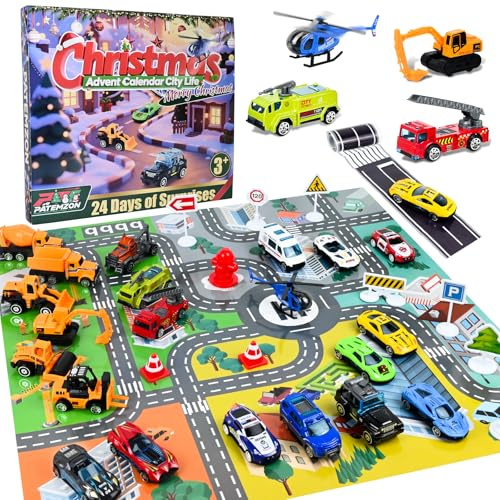 PATEMZON Calendrier de l'Avent 2025 Voiture, 24 Pièces Calendrier de l'Avent Enfant, avec Carte Routière et Accessoires, Véhicules de Jeu, Jouet Cadeau de Noël pour Garçons Filles 3 4 5 6 7 Ans